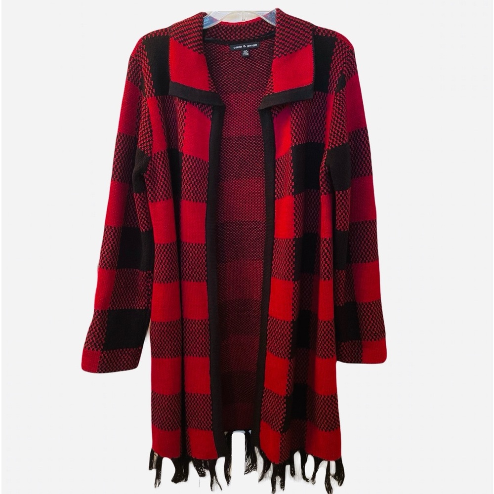 Cable & Gauge Long Red and Black Tasseled Sweater